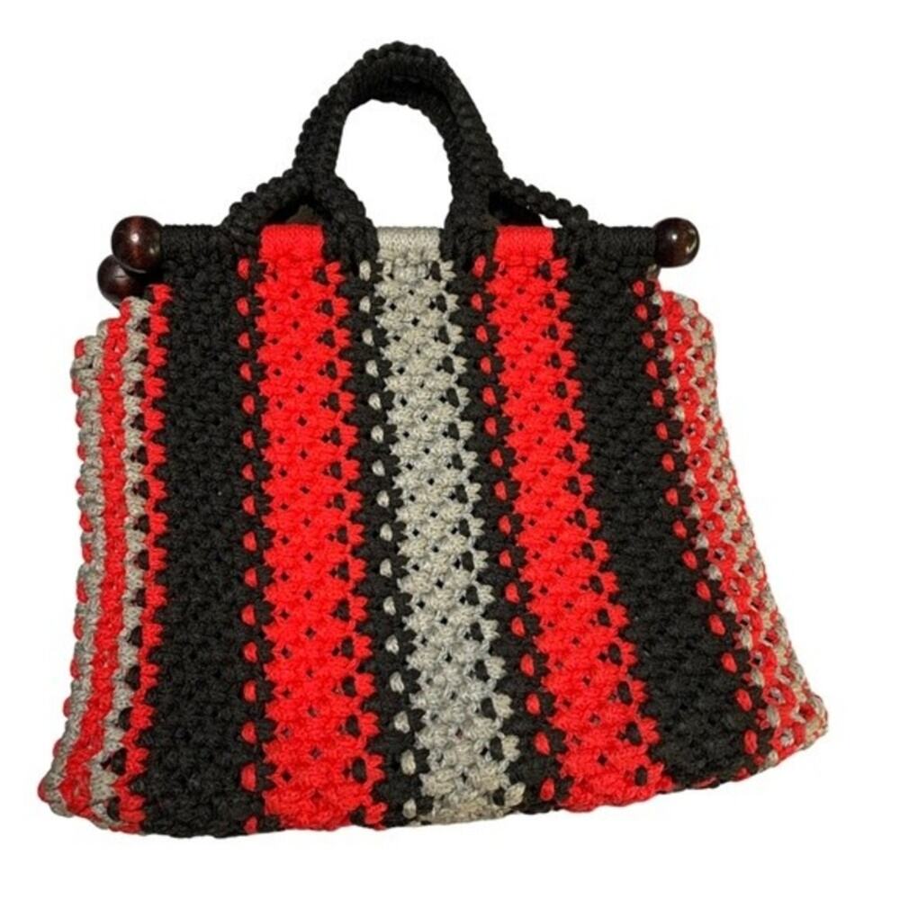Crochet Red Black Gray Purse Handbag with Dark Wood Embellishments. Handmade